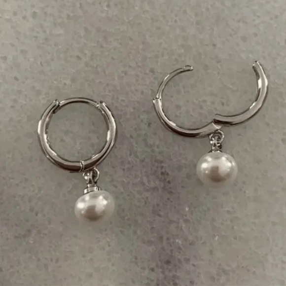 COPY - COPY - Sterling Silver Huggie Hoop Dangle Pearl Earrings - Picture 2 of 4